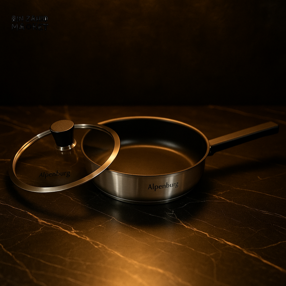 ALPENBERG STAINLESS STEEL FRY PAN WITH GLASS LID – NON-STICK COOKWARE FOR KITCHEN - 24×5.5CM