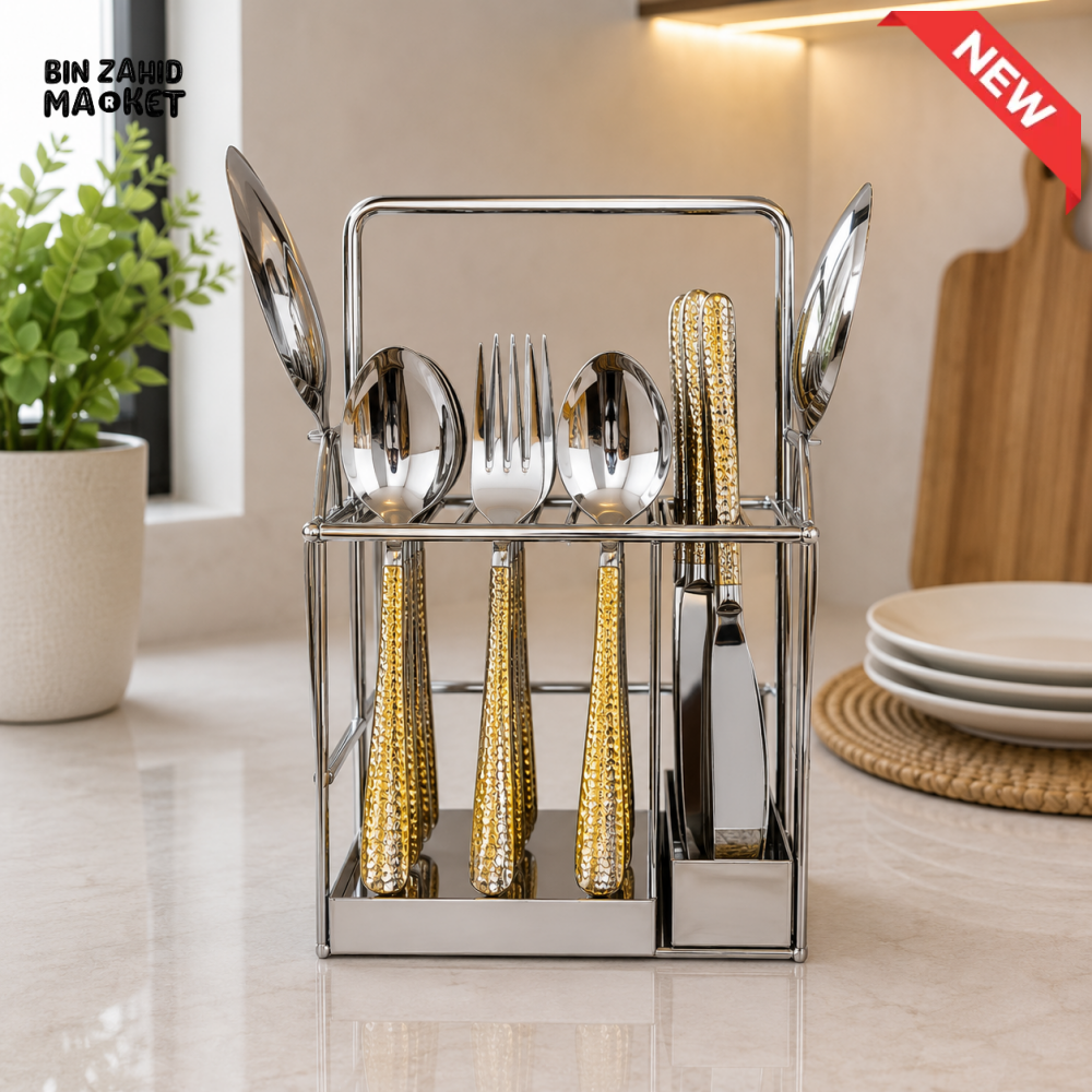 ALPENBURG STAINLESS STEEL CUTLERY HOLDER WITH GOLD HANDLE CUTLERY SET - 26 PIECE