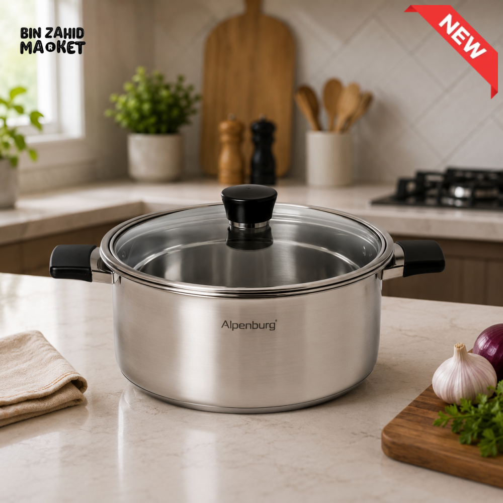 ALPENBURG STAINLESS STEEL STOCK POT WITH GLASS LID - 28 CM