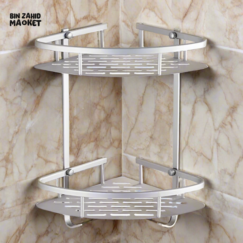ALUMINUM CORNER RACK – 2-TIER WALL SHELF FOR BATHROOM & KITCHEN