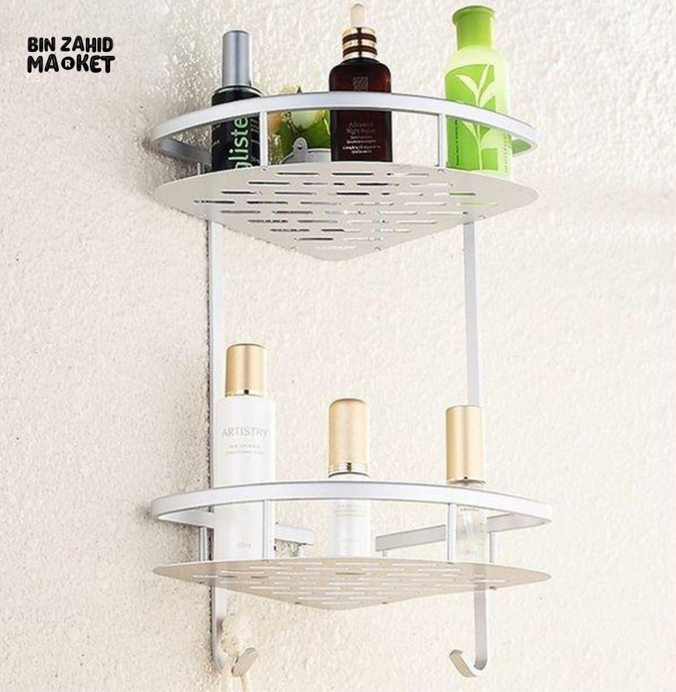 ALUMINUM CORNER RACK – 2-TIER WALL SHELF FOR BATHROOM & KITCHEN