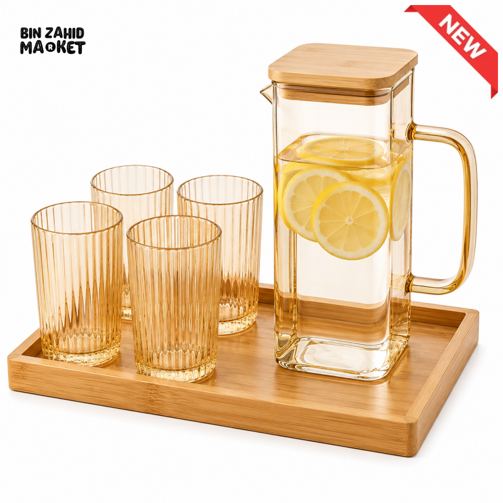 AMBER GLASS WATER PITCHER SET WITH 4 RIBBED GLASSES & BAMBOO TRAY - ORANGE