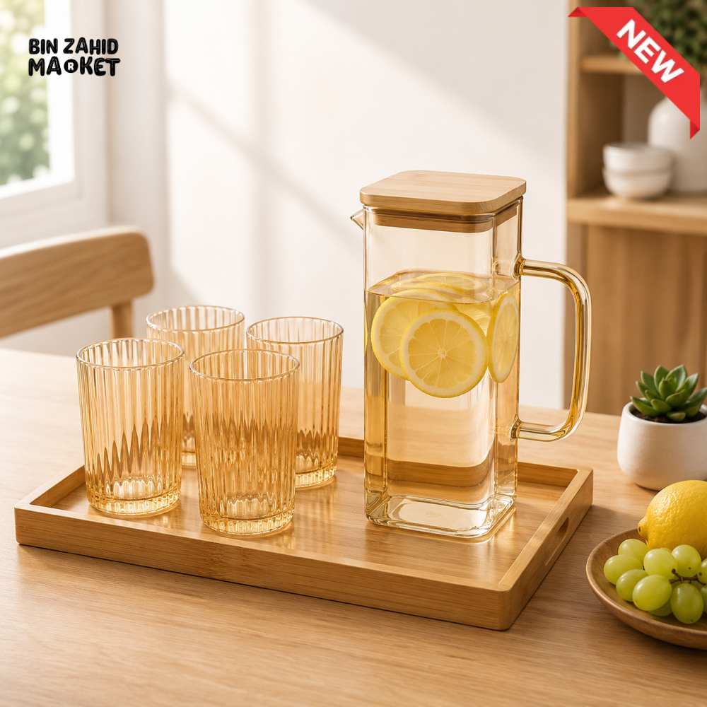 AMBER GLASS WATER PITCHER SET WITH 4 RIBBED GLASSES & BAMBOO TRAY - ORANGE