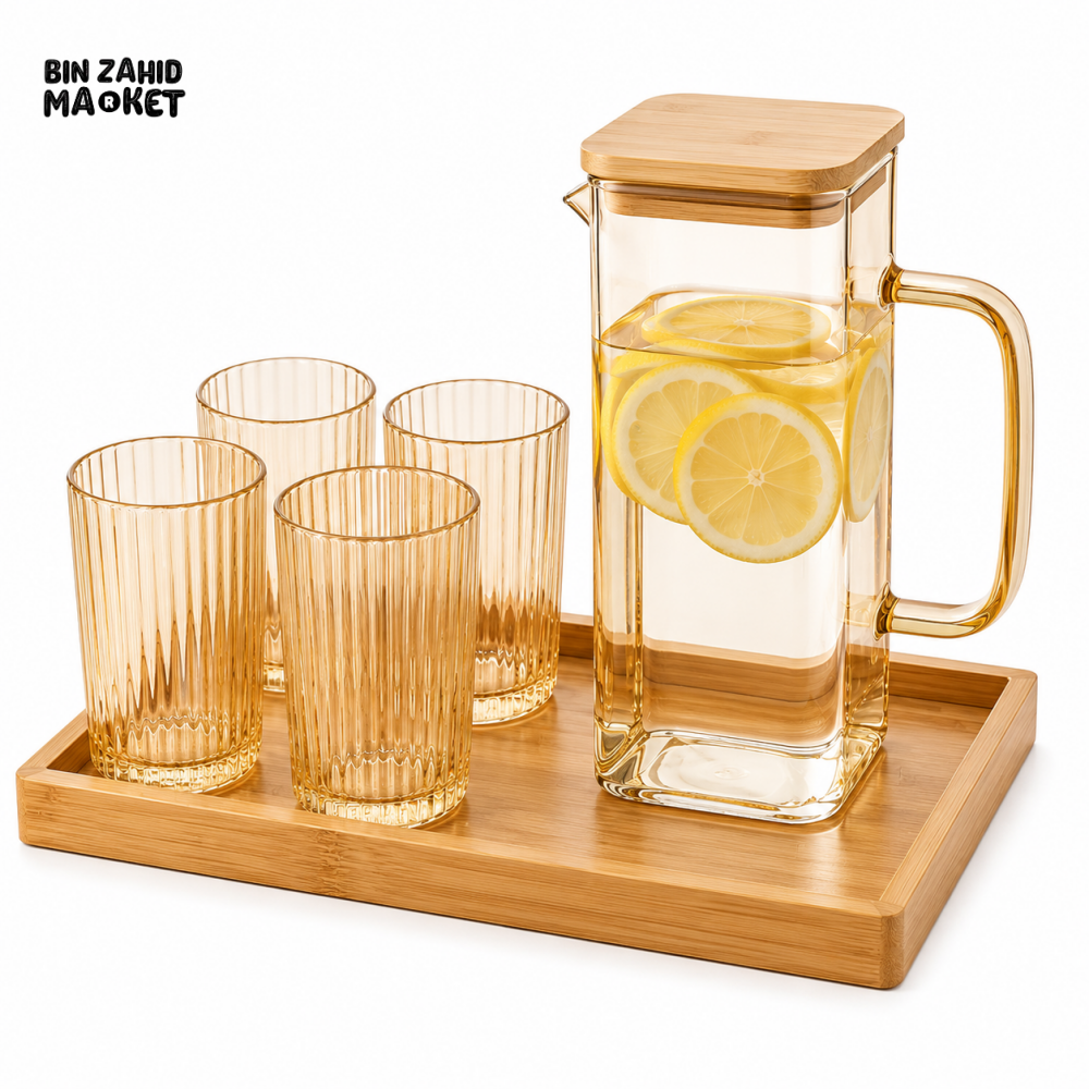 AMBER GLASS WATER PITCHER SET WITH 4 RIBBED GLASSES & BAMBOO TRAY - ORANGE