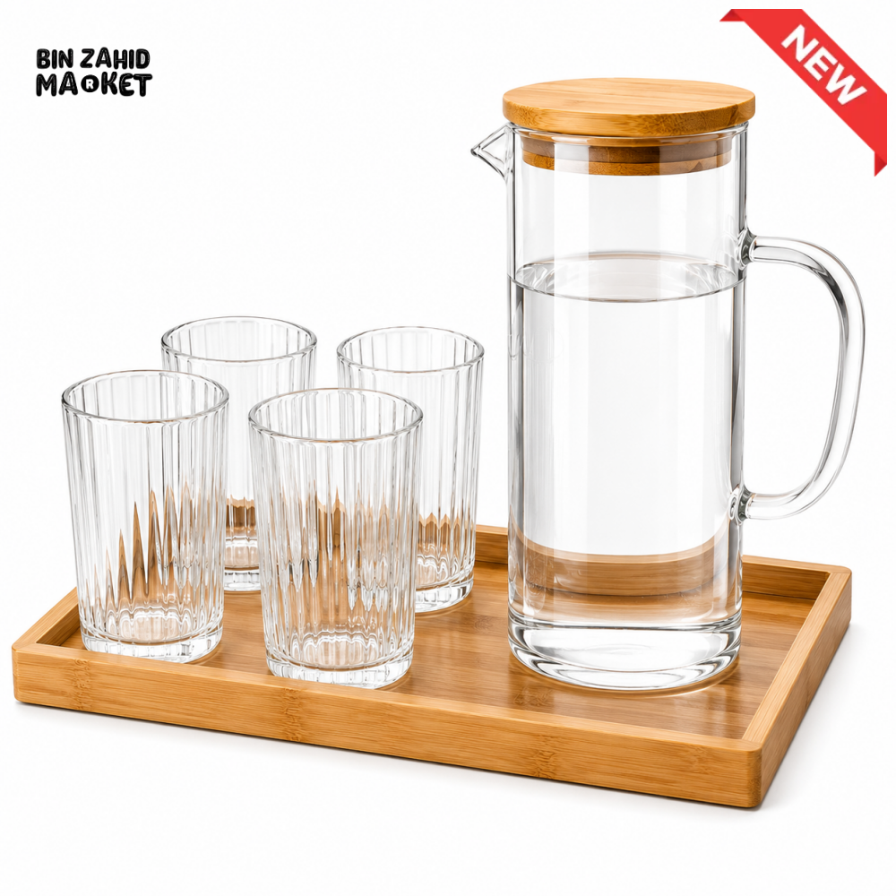 AMBER GLASS WATER PITCHER SET WITH 4 RIBBED GLASSES & BAMBOO TRAY- RECTANGULAR SHAPE