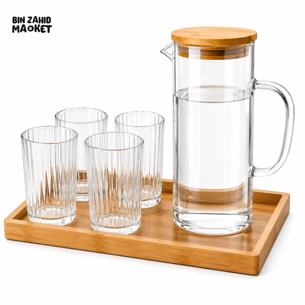 AMBER GLASS WATER PITCHER SET WITH 4 RIBBED GLASSES & BAMBOO TRAY- RECTANGULAR SHAPE