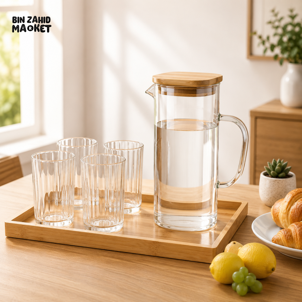 AMBER GLASS WATER PITCHER SET WITH 4 RIBBED GLASSES & BAMBOO TRAY- RECTANGULAR SHAPE