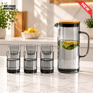 AMBER GLASS WATER PITCHER SET WITH 6 DRINKING GLASSES - BLACK