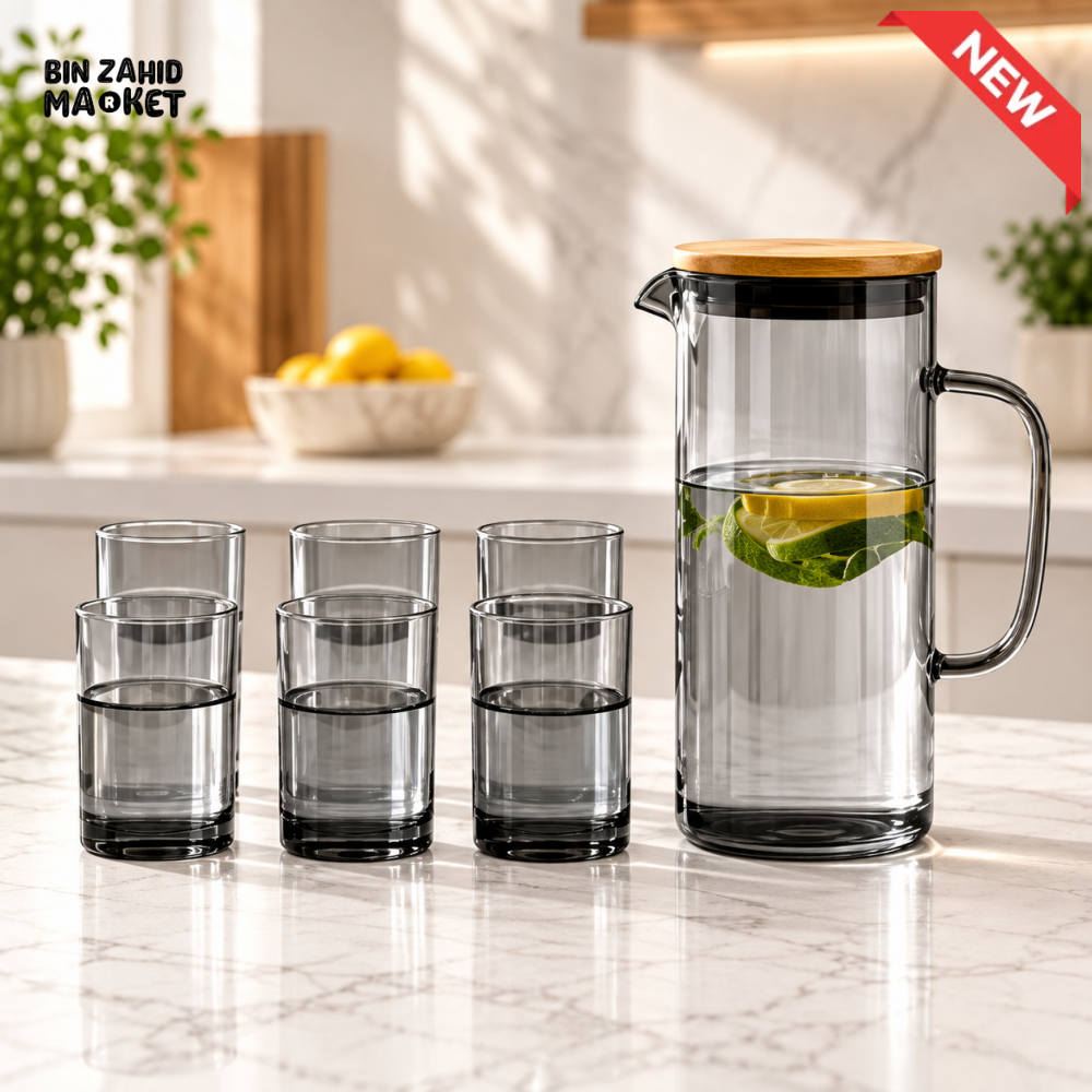 AMBER GLASS WATER PITCHER SET WITH 6 DRINKING GLASSES - BLACK