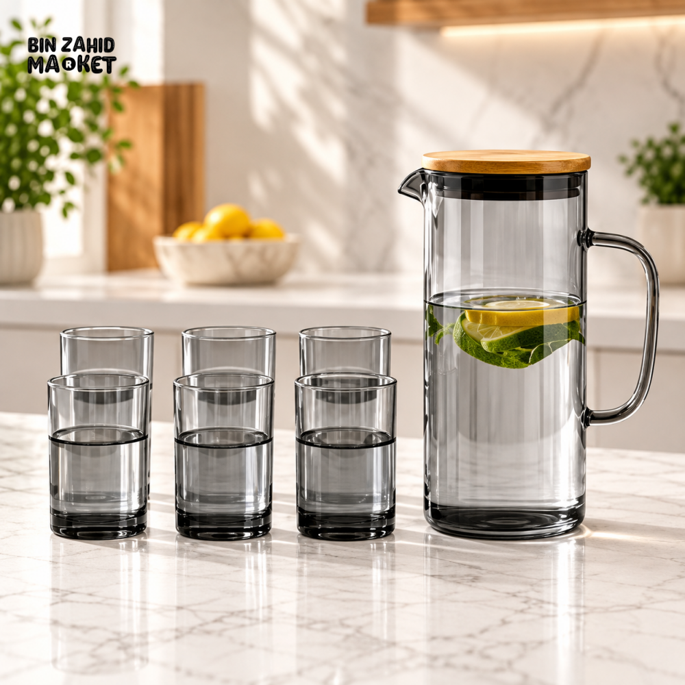 AMBER GLASS WATER PITCHER SET WITH 6 DRINKING GLASSES - BLACK