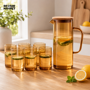 AMBER GLASS WATER PITCHER SET WITH 6 DRINKING GLASSES - GOLDEN