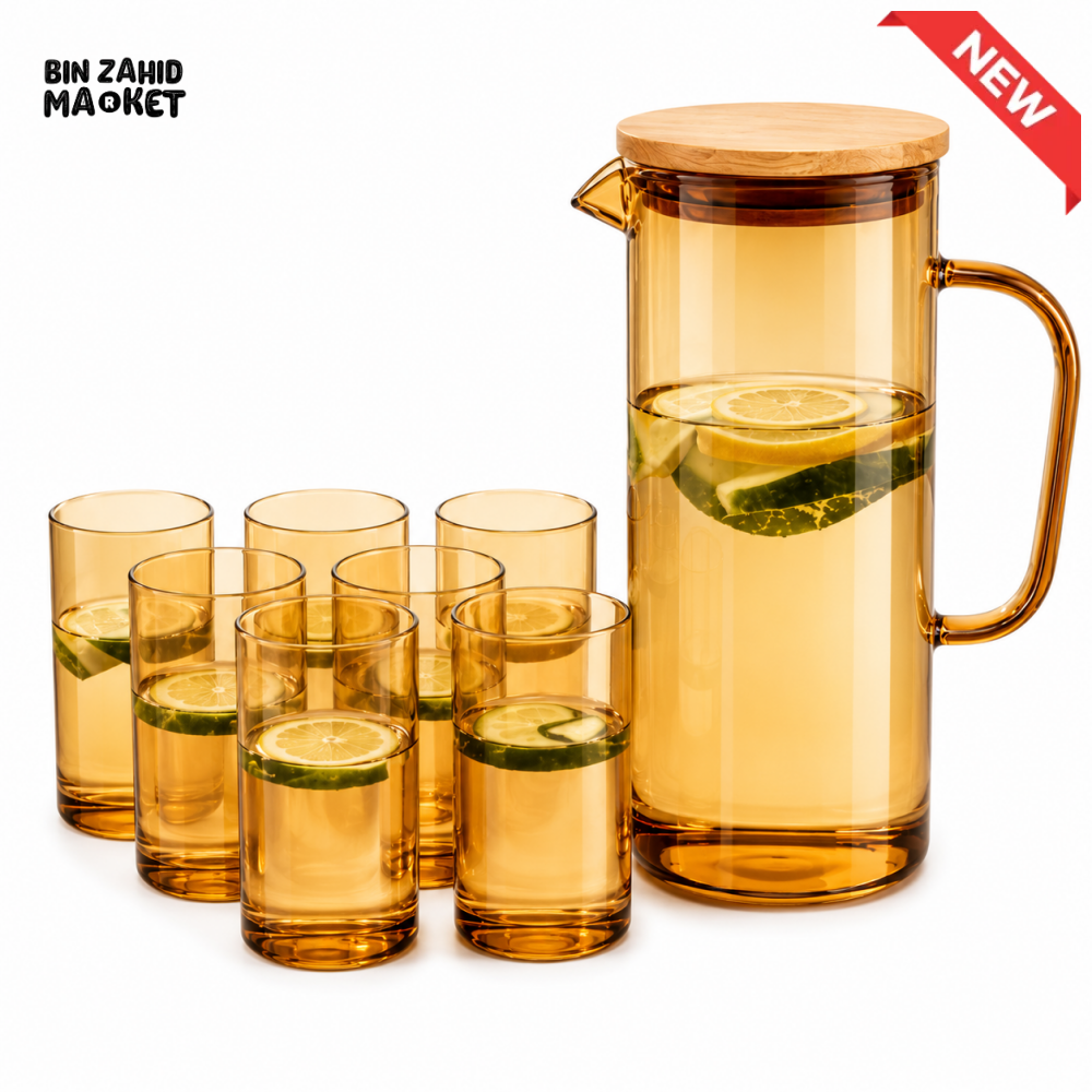 AMBER GLASS WATER PITCHER SET WITH 6 DRINKING GLASSES - GOLDEN