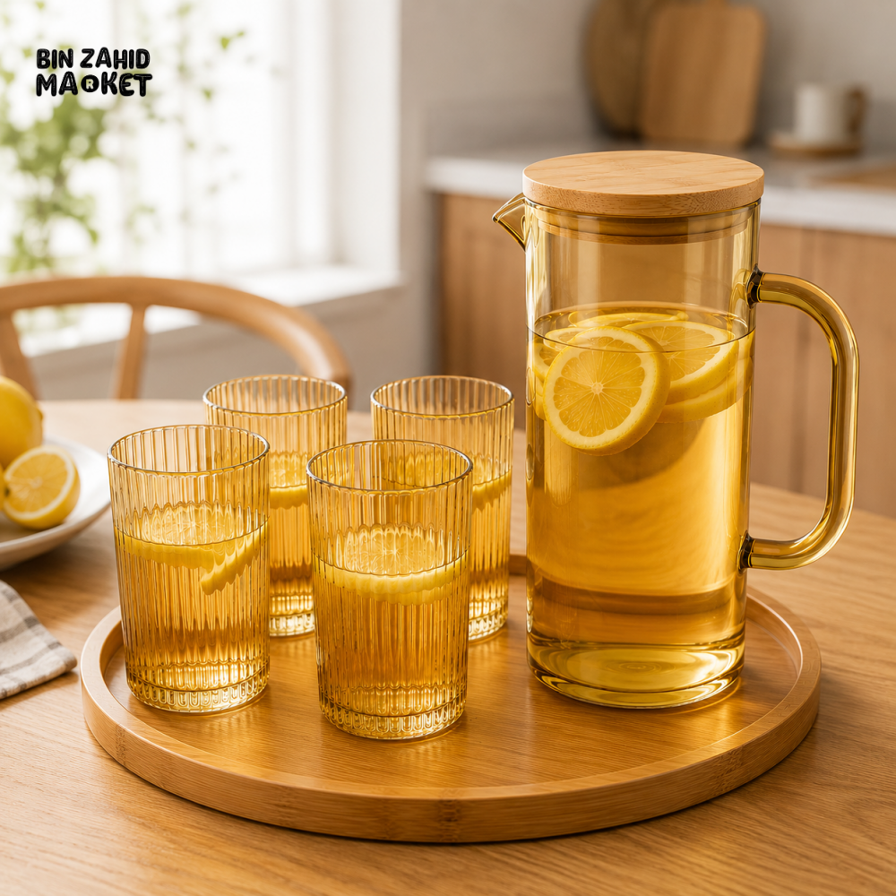 AMBER ROUND GLASS WATER PITCHER SET WITH 4 RIBBED GLASSES & BAMBOO TRAY - YELLOW