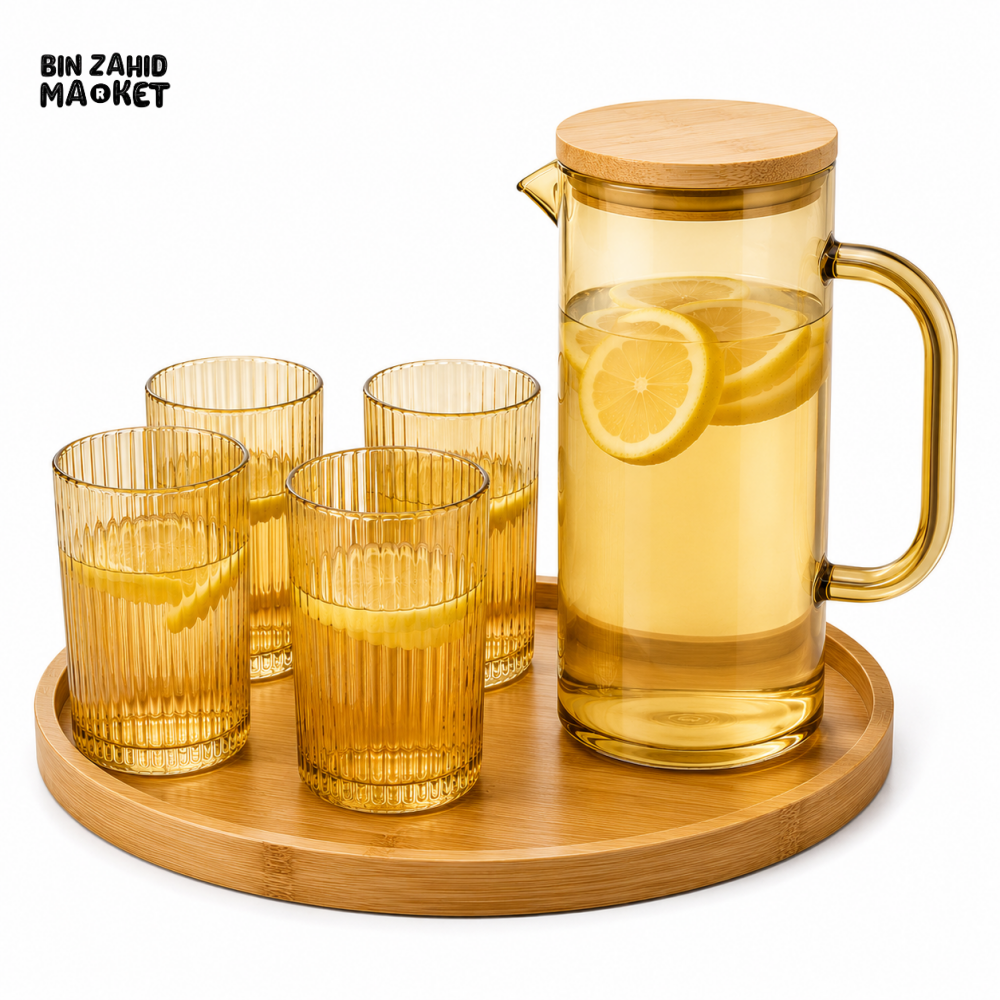 AMBER ROUND GLASS WATER PITCHER SET WITH 4 RIBBED GLASSES & BAMBOO TRAY - YELLOW