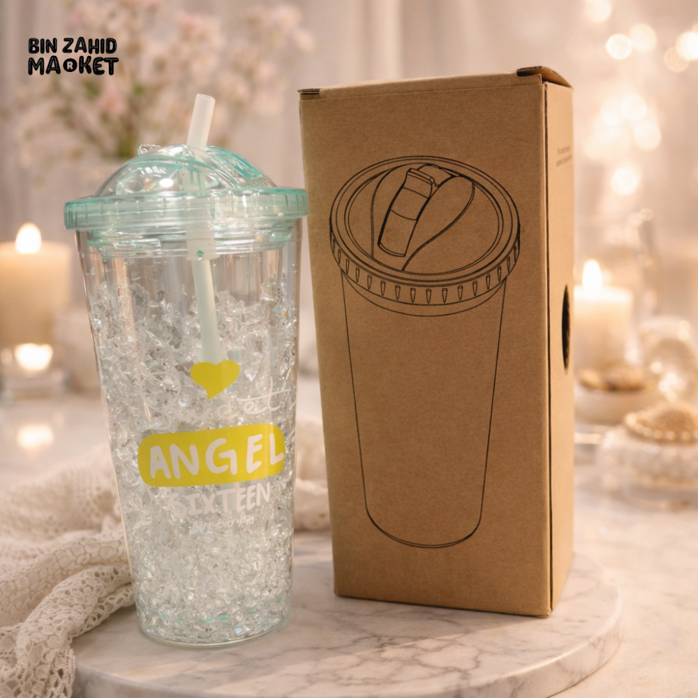 ANGEL SIXTEEN CRYSTAL TUMBLER WITH STRAW – PREMIUM AESTHETIC DRINK CUP