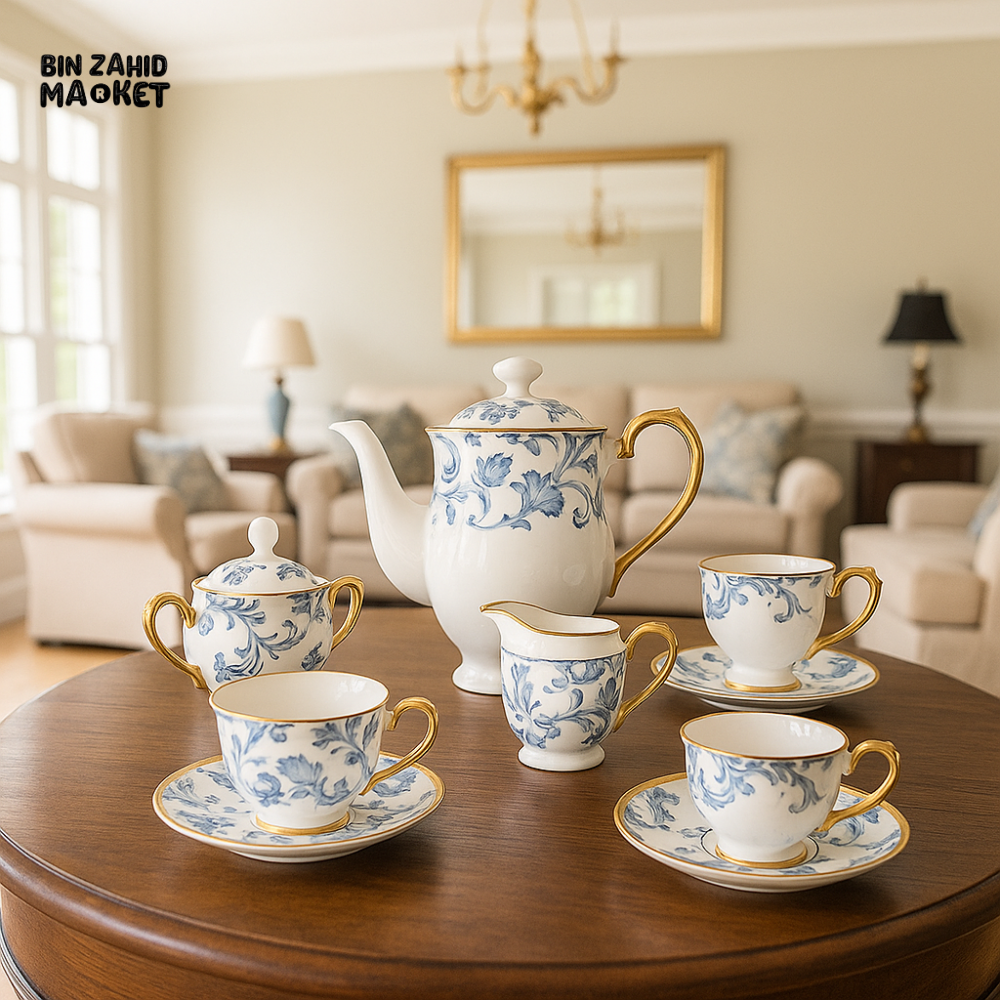 ANGELA 17-PIECE LUXURY BLUE FLORAL TEA SET – ELEGANT PORCELAIN CUPS & POT FOR VILLA TABLETOP DISPLAY