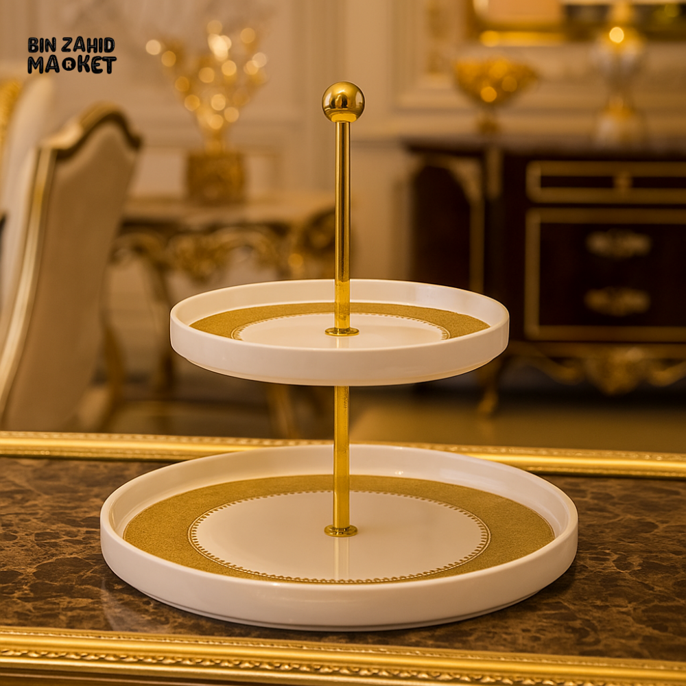 ANGELA 2-TIER CERAMIC SERVING STAND – WHITE & GOLD DESSERT TRAY FOR HIGH-END TEA TIME & TABLE DISPLAY