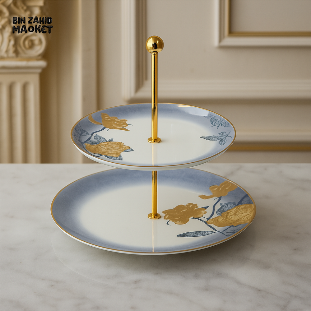 ANGELA 2-TIER LUXURY SERVING TRAY – BLUE & GOLD FLORAL DESIGN WITH GOLDEN ROD FOR DESSERTS & SNACKS