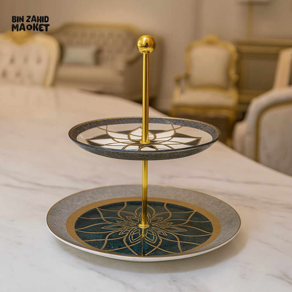 ANGELA 2-TIER LUXURY SERVING TRAY – EMERALD GREEN & GOLD LOTUS DESIGN WITH GOLDEN ROD FOR DESSERTS & SNACKS