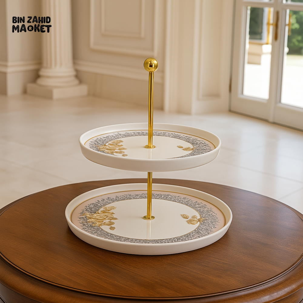 ANGELA 2-TIER LUXURY SERVING TRAY – GOLD POLE & FLORAL DESIGN FOR DESSERTS, SNACKS & PARTIES