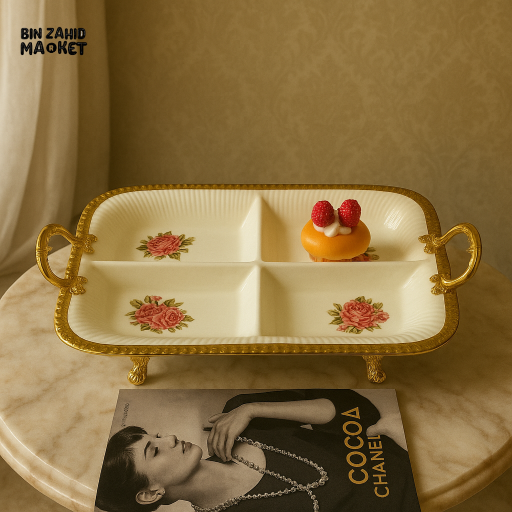 ANGELA 4 COMPARTMENT LUXURY SERVING TRAY WITH GOLD HANDLES AND FLORAL DESIGN AB 05