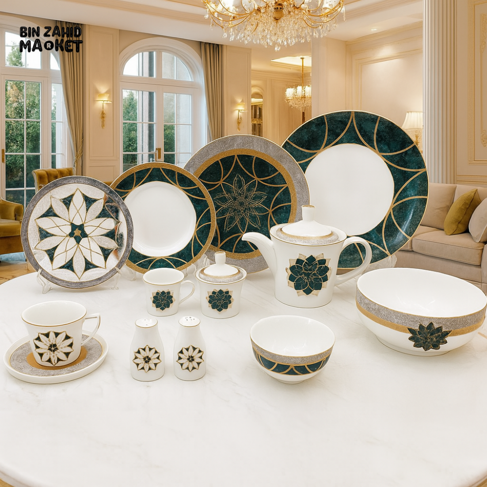 ANGELA 47-PIECE LUXURY PORCELAIN DINNER SET FOR 6 – GREEN & GOLD DESIGN – PREMIUM VILLA TABLEWARE COLLECTION