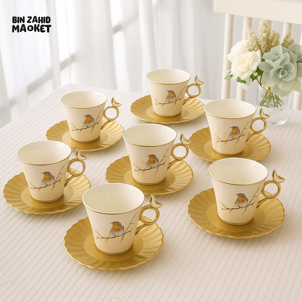 ANGELA 6-PIECE LUXURY PORCELAIN TEA CUP SET WITH GOLD TRIM & BIRD DESIGN – ELEGANT TABLEWARE FOR HIGH-TEA & GIFTING