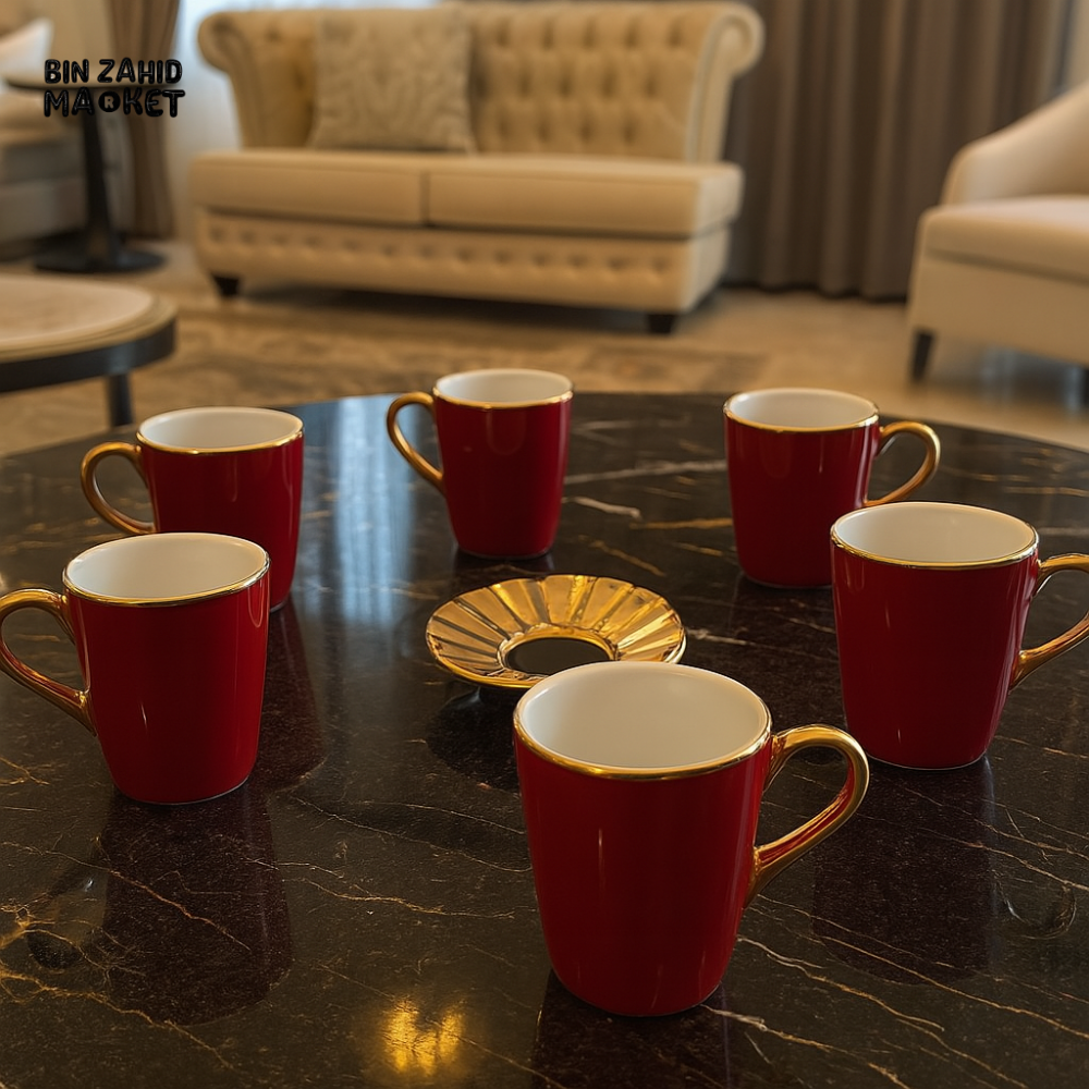 ANGELA 6-PIECE LUXURY RED COFFEE MUG SET WITH GOLD HANDLES & SUNBURST SAUCER – ELEGANT ESPRESSO CUPS FOR VILLA TABLETOP DISPLAY