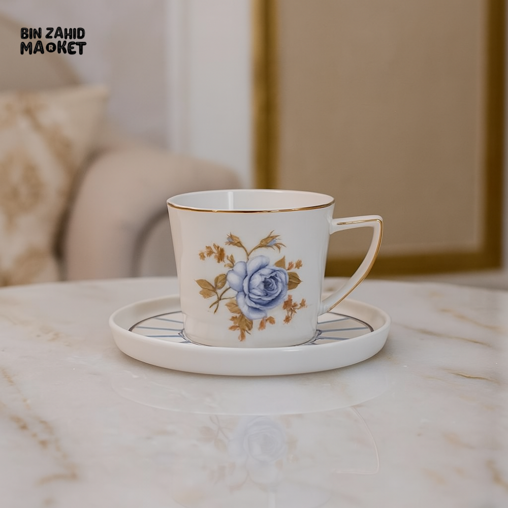 ANGELA 6-PIECE LUXURY TEA CUP & SAUCER SET – FLORAL DESIGN WITH GOLD RIM FOR COFFEE & TEA SERVING