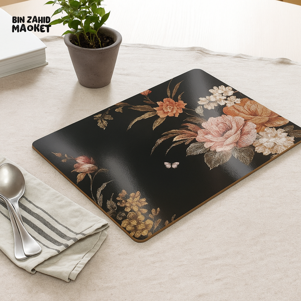 ANGELA BLACK FLORAL PLACEMAT – ELEGANT ROSE DESIGN DINING TABLE MAT
