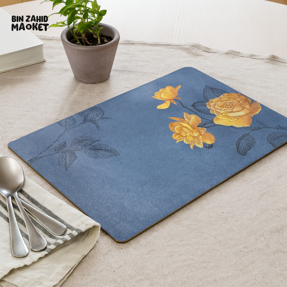 ANGELA BLUE FLORAL PLACEMAT – ELEGANT YELLOW ROSE TABLE MAT FOR DINING DECOR