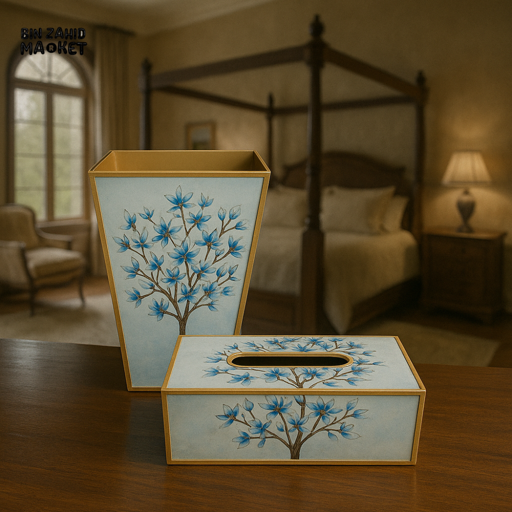 ANGELA BLUE MAGNOLIA TISSUE BOX & WASTEBASKET SET – ELEGANT FLORAL ROOM DECOR