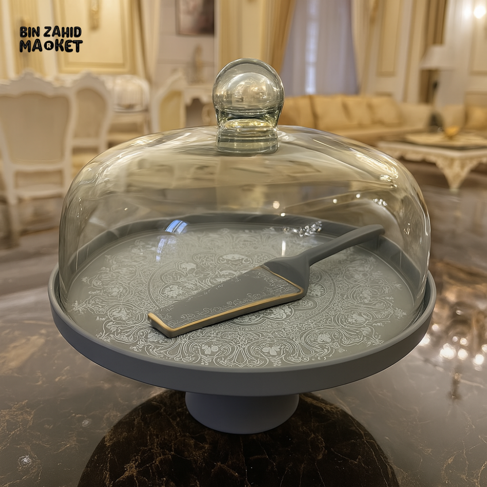 ANGELA CAKE STAND WITH GLASS DOME & SERVER – ELEGANT DESSERT DISPLAY PLATTER