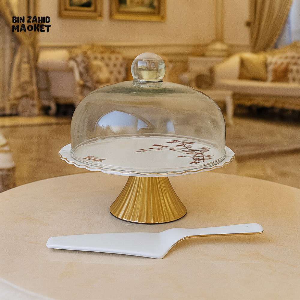ANGELA CAKE STAND WITH GLASS DOME & SERVER – FLORAL DESIGN ON GOLD BASE DISPLAY PLATE