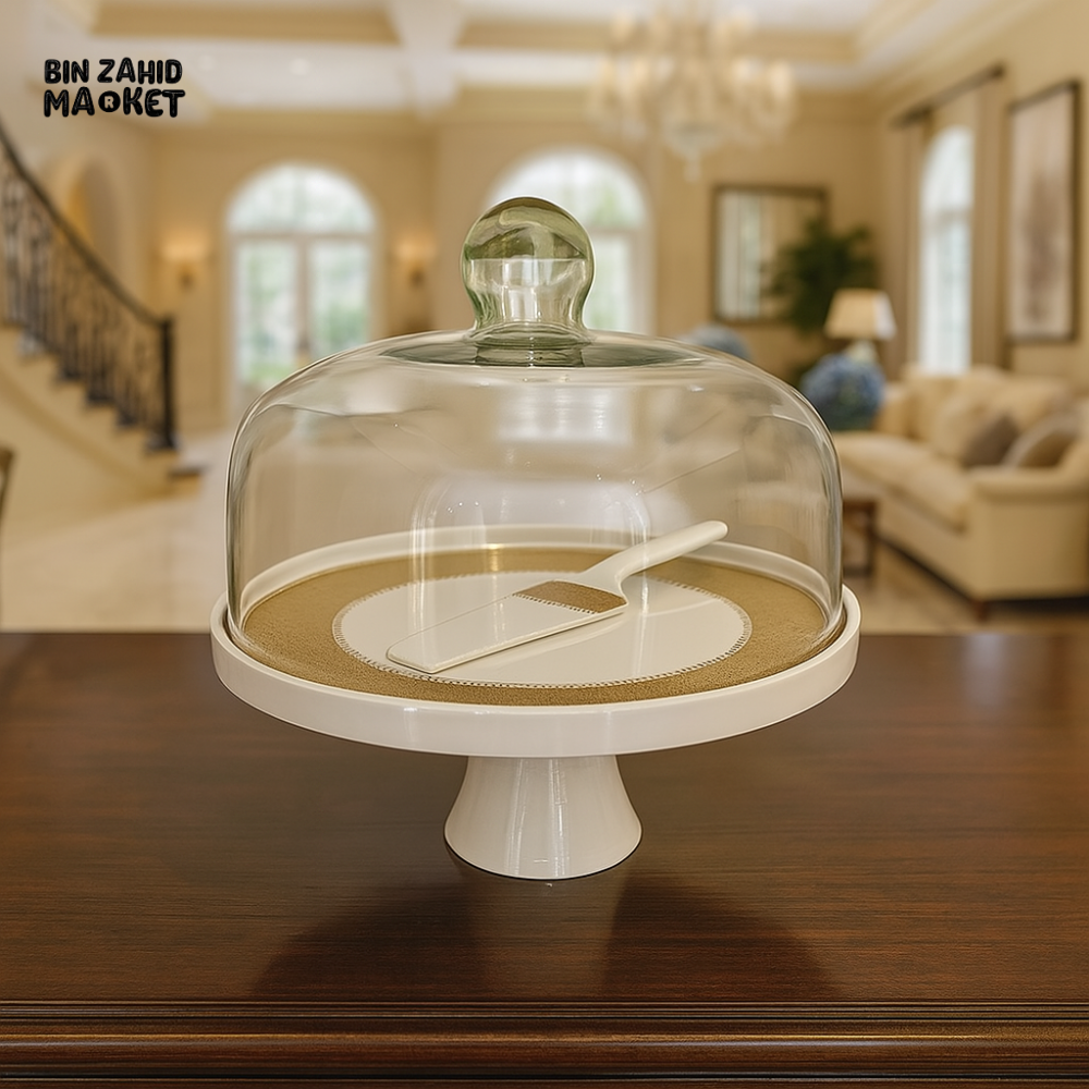 ANGELA CAKE STAND WITH GLASS DOME & SERVER – WHITE CERAMIC DESSERT PLATTER WITH GOLD ACCENTS FOR ELEGANT DISPLAY