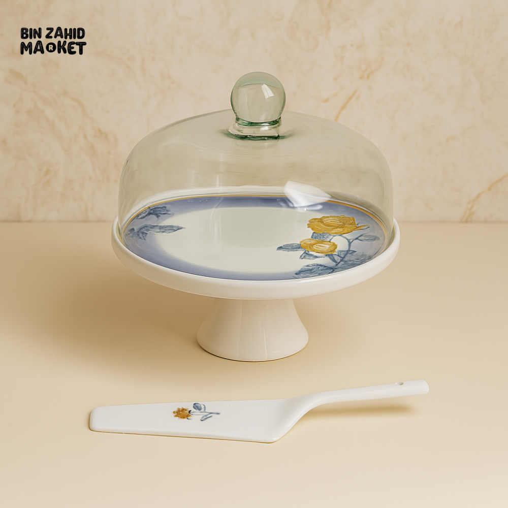 ANGELA CAKE STAND WITH GLASS DOME & SERVER – YELLOW FLORAL DESIGN ON WHITE BASE DISPLAY PLATE