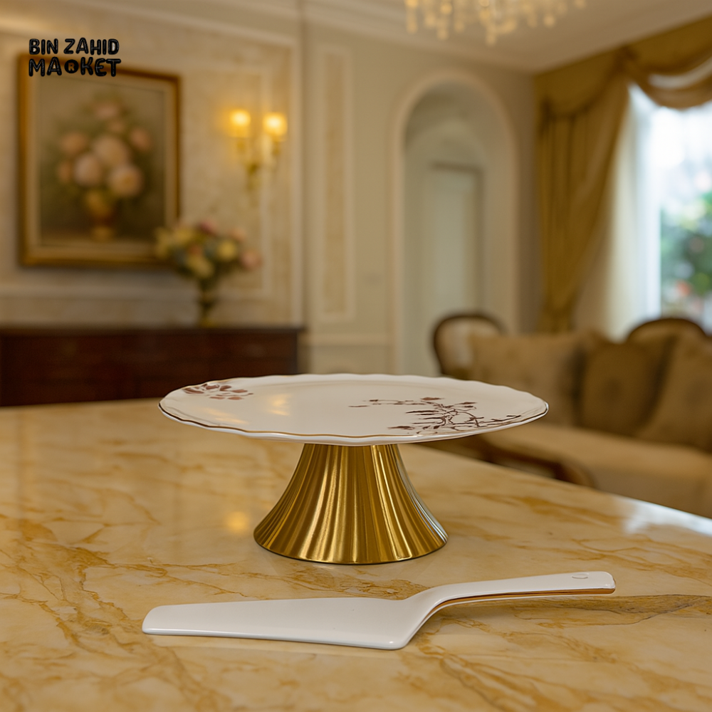 ANGELA CAKE STAND WITH SERVER – FLORAL DESIGN & GOLD BASE DESSERT DISPLAY PLATE