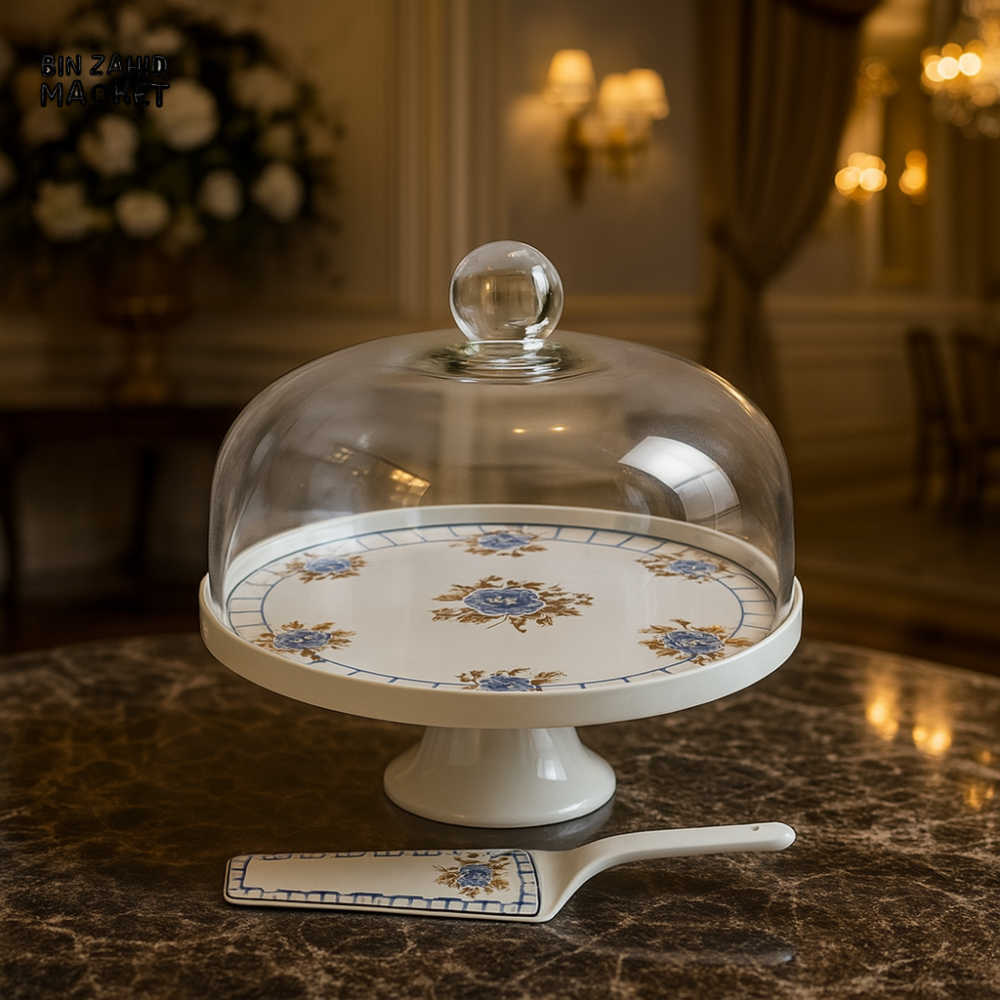 ANGELA CERAMIC CAKE STAND WITH GLASS DOME & SERVER – FLORAL DESIGN DESSERT DISPLAY PLATTER FOR LUXURY TABLETOP DECOR