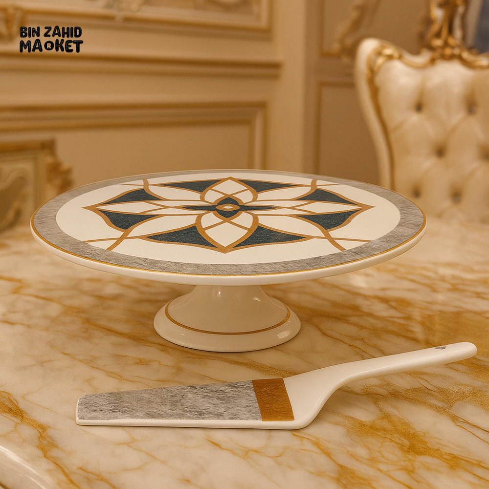 ANGELA CERAMIC CAKE STAND WITH SERVER – GOLD & TEAL MANDALA DESIGN DESSERT DISPLAY PLATTER FOR ELEGANT TABLE DECOR