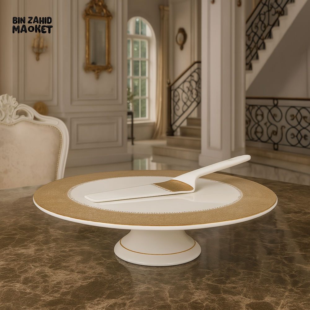 ANGELA CERAMIC CAKE STAND WITH SERVER – WHITE & GOLD ROUND DESSERT PLATTER FOR ELEGANT TABLE DECOR