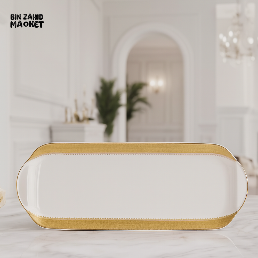 ANGELA CERAMIC SERVING PLATTER – RECTANGULAR WHITE TRAY WITH GOLD BORDER FOR ELEGANT TABLE SETTING