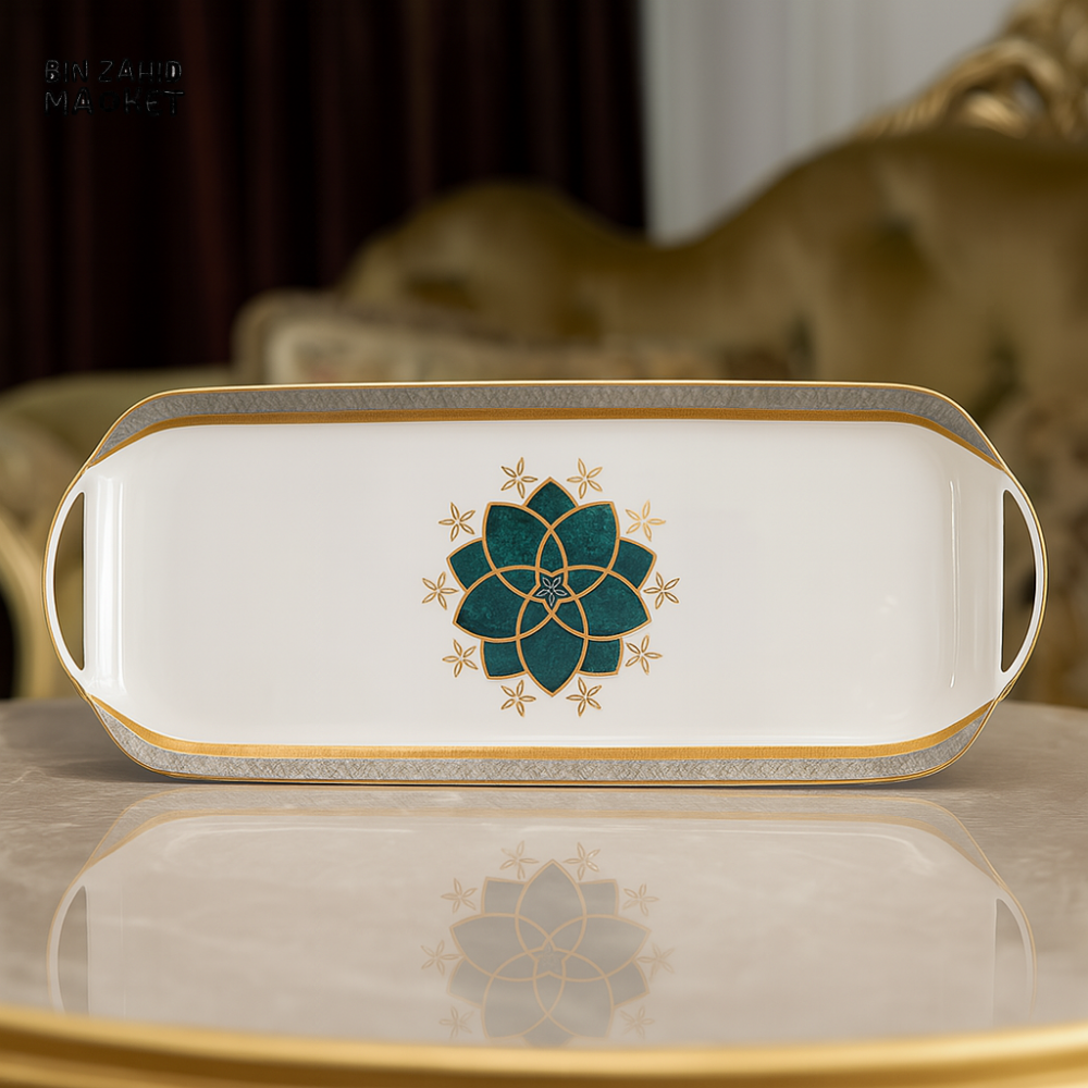 ANGELA CERAMIC SERVING TRAY – RECTANGULAR PLATTER WITH GOLD & TEAL MANDALA DESIGN FOR ELEGANT TABLE PRESENTATION
