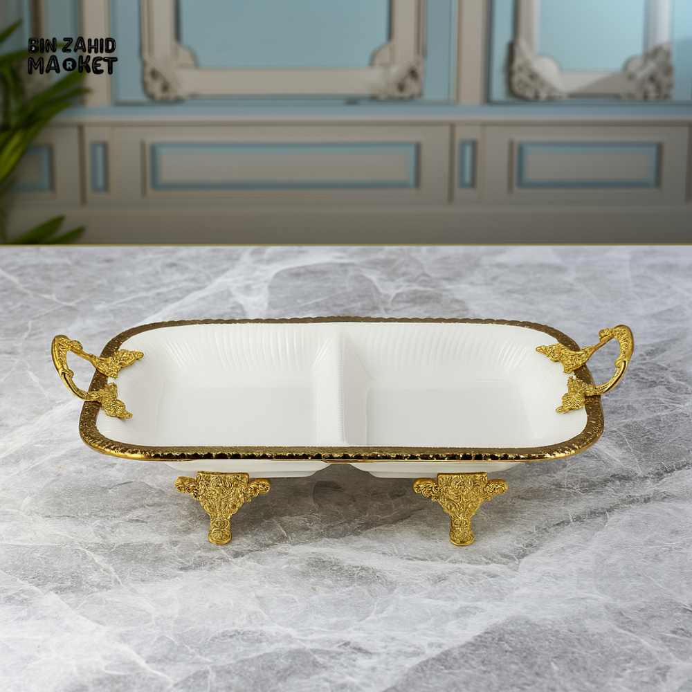 ANGELA DIVIDED PORCELAIN SERVING TRAY WITH GOLD HANDLES & LEGS – ELEGANT SECTIONED PLATTER FOR SNACKS & DESSERTS - 34x23CM