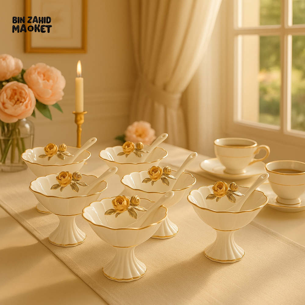 ANGELA ELEGANT PORCELAIN DESSERT BOWL SET WITH GOLDEN ROSE SPOONS – LUXURY TABLEWARE FOR HIGH TEA & PARTIES - 5PIECE