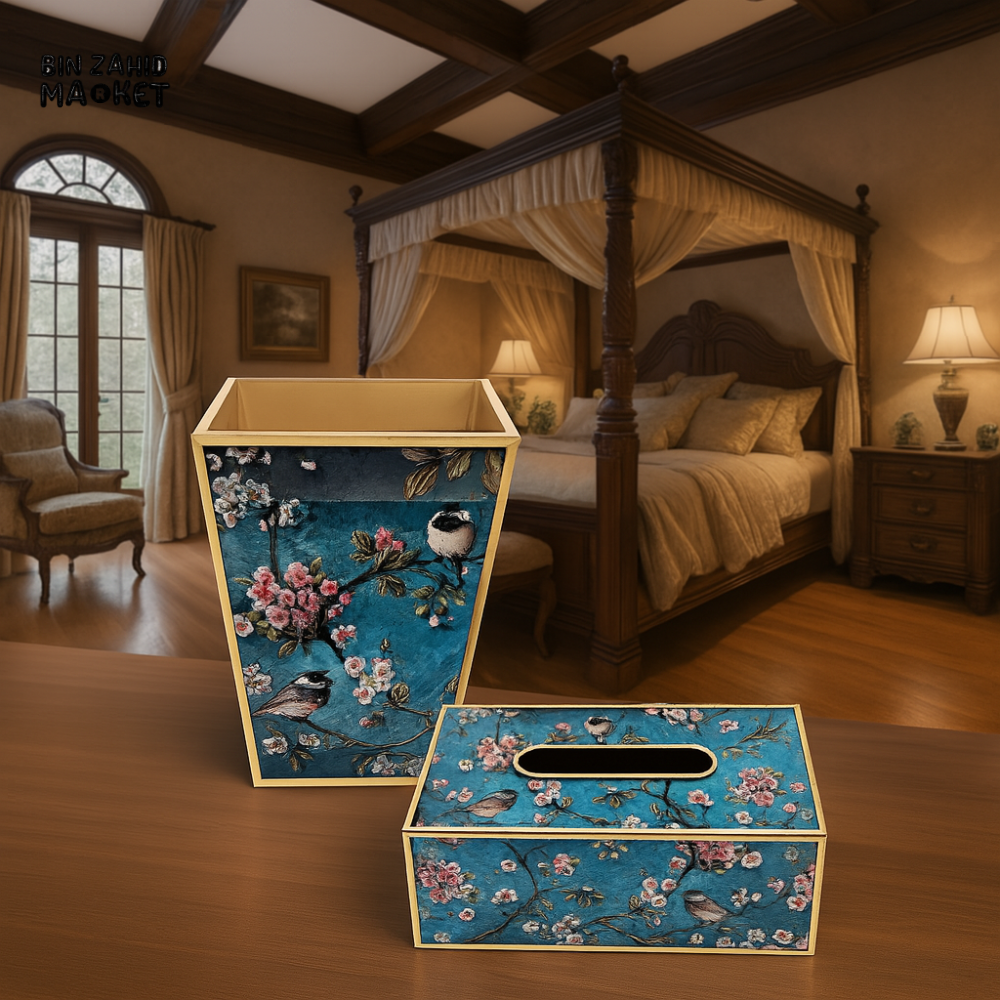 ANGELA FLORAL BIRD DESIGN TISSUE BOX & WASTEBASKET SET – ELEGANT ROOM DECOR ACCESSORIES