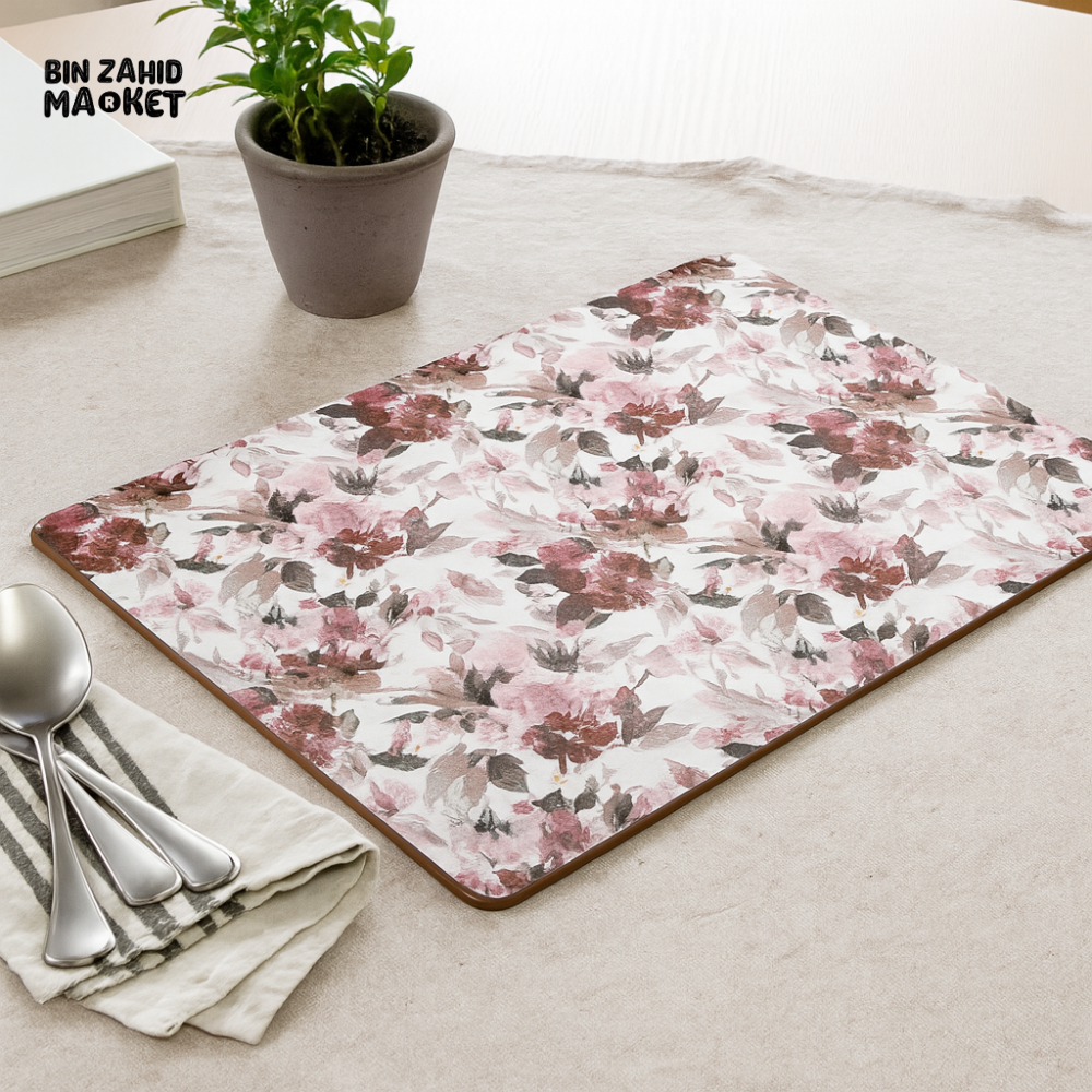 ANGELA FLORAL PLACEMAT – ELEGANT BURGUNDY & PINK FLOWER DESIGN DINING TABLE MAT