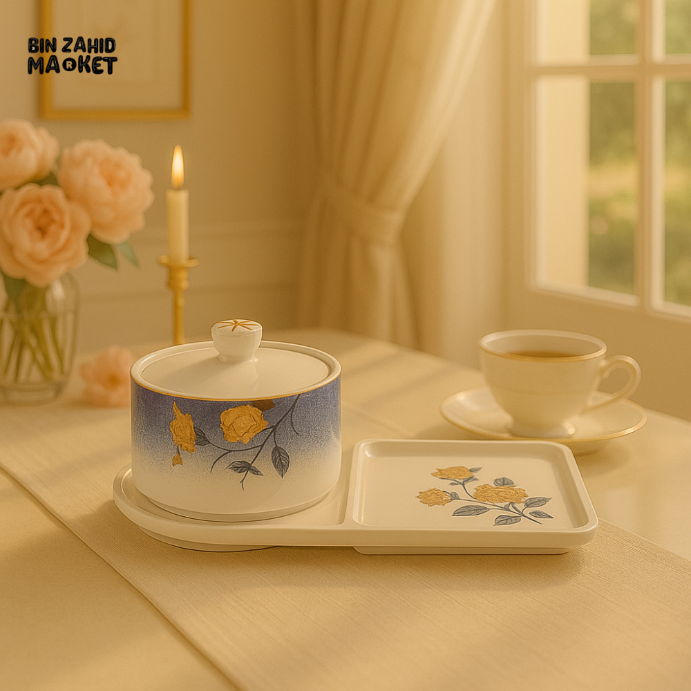 ANGELA FLORAL PORCELAIN CONDIMENT JAR WITH LID & SERVING TRAY – ELEGANT TWO-IN-ONE SNACK DISH FOR LUXURY TEA SETTINGS
