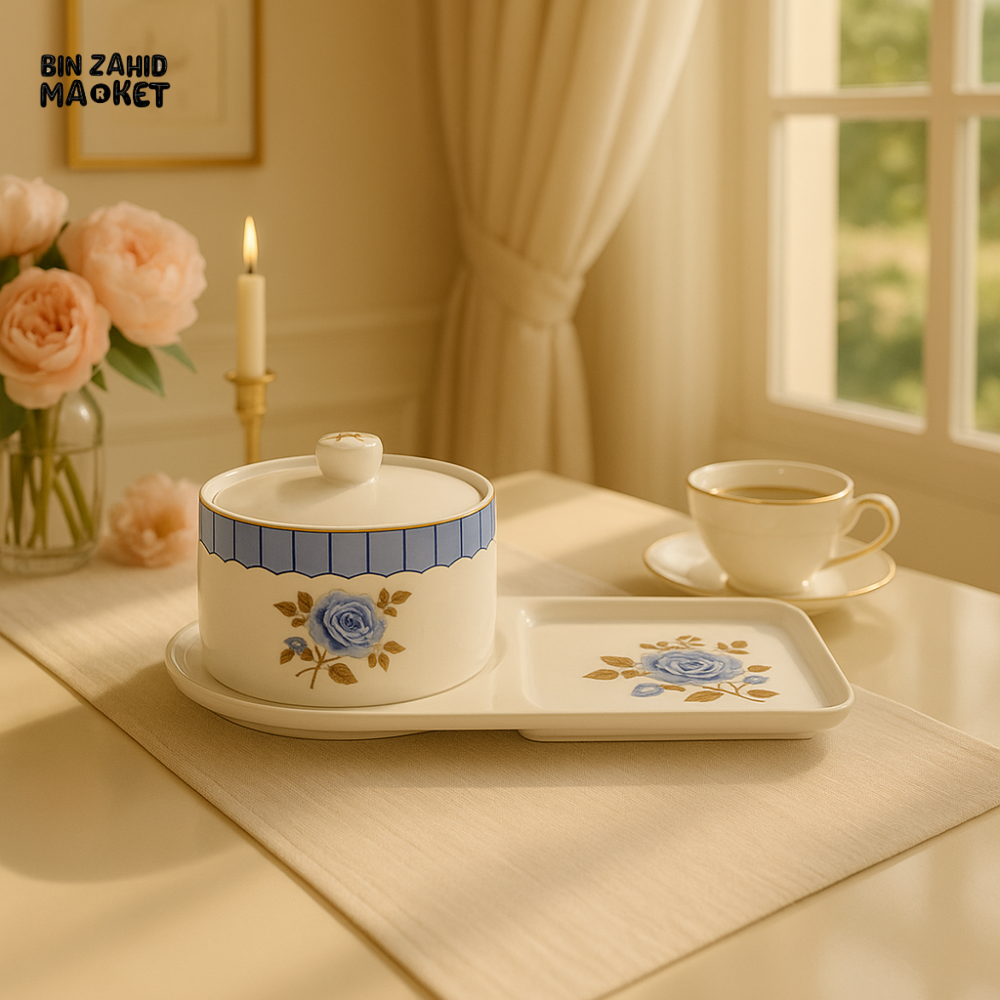 ANGELA FLORAL PORCELAIN CONDIMENT JAR WITH TRAY – ELEGANT BLUE ROSE SNACK SERVER FOR LUXURY TEA & DINING SETUPS