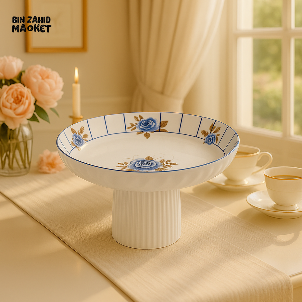 ANGELA FLORAL PORCELAIN PEDESTAL FRUIT BOWL – ELEGANT BLUE ROSE CENTERPIECE FOR LUXURY DINING & TEA TABLES