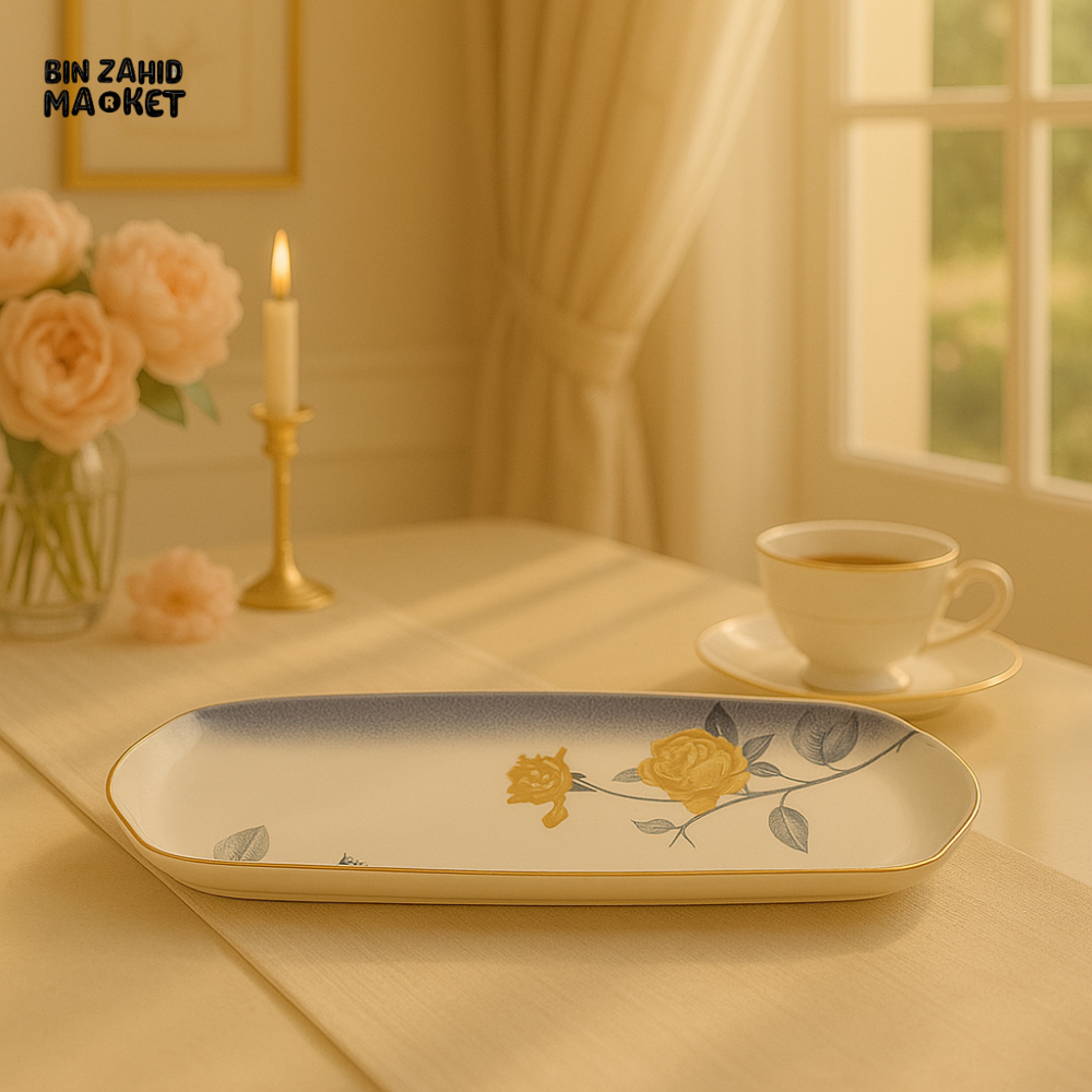 ANGELA FLORAL PORCELAIN RECTANGULAR SERVING TRAY – ELEGANT BLUE & GOLD SNACK PLATTER FOR LUXURY TEA PARTIES & DINING